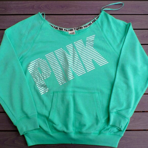 PINK Victoria's secret green crew neck sweater with silver accent Size L-$ 25 - Picture 1 of 3